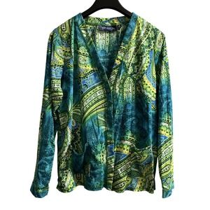 Susan Graver Top Women XL Green Sheer Paisley Print Chiffon Button Up Tunic‎